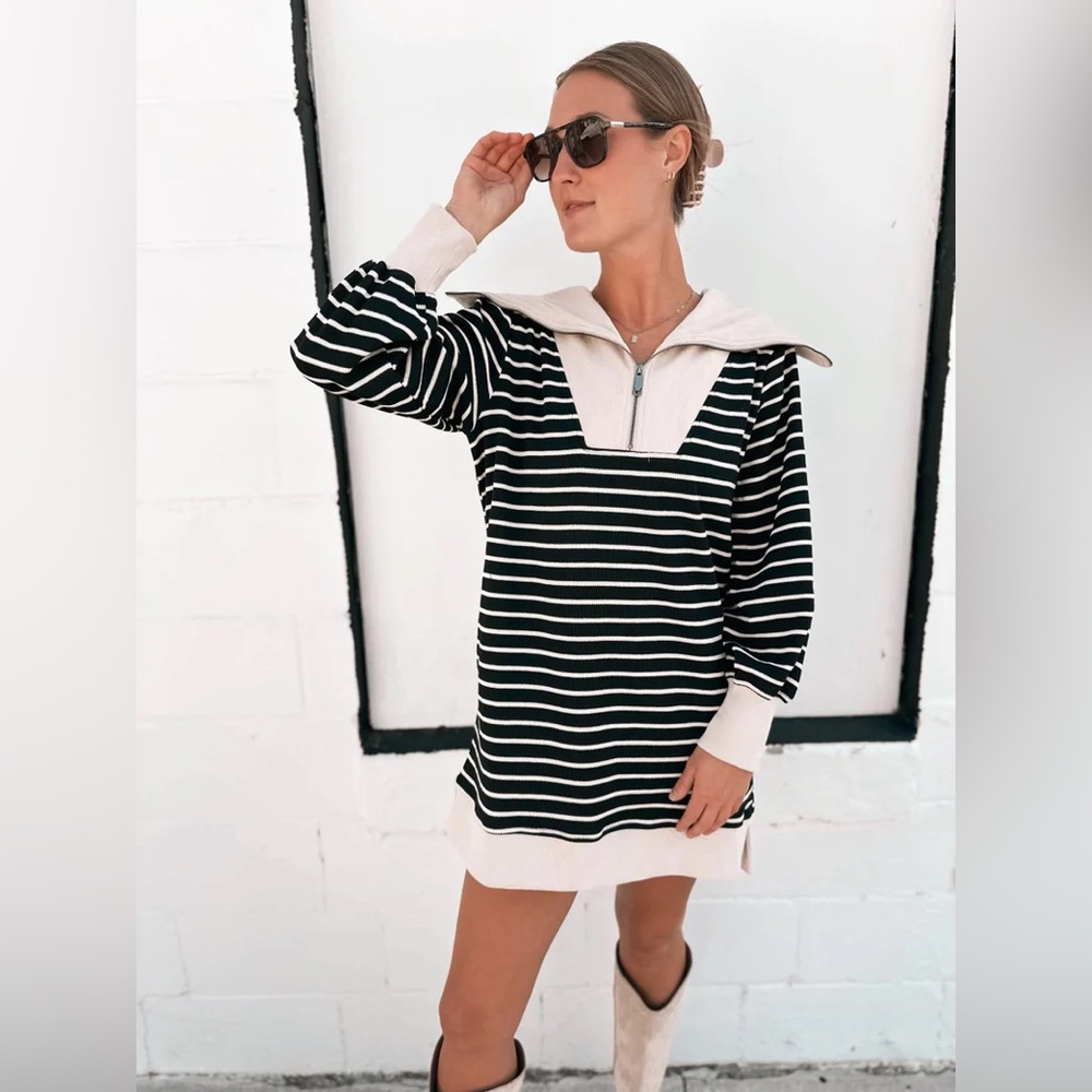 The cutest Striped Black and khaki Sweater Dress SIZE SMALL new